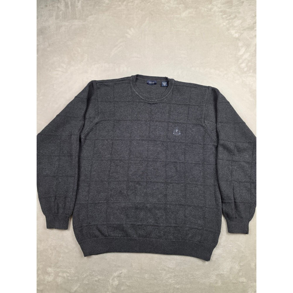 IZOD Sweater Mens XL Gray Cotton Crew Neck Grid Pattern Long Sleeve Pullover